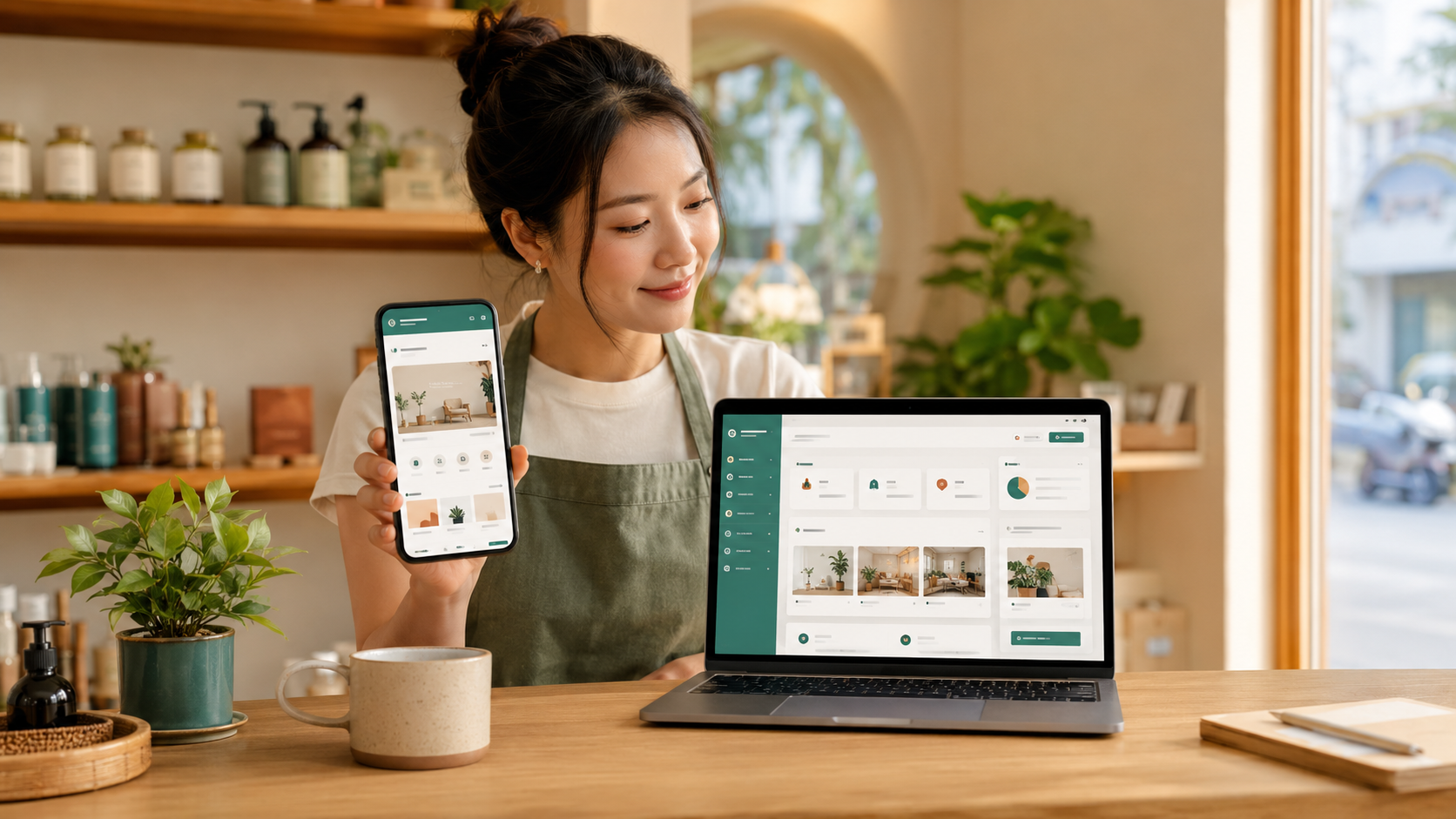 Dịch vụ quản lý website cho cửa hàng nhỏ hiển thị trên laptop và điện thoại
