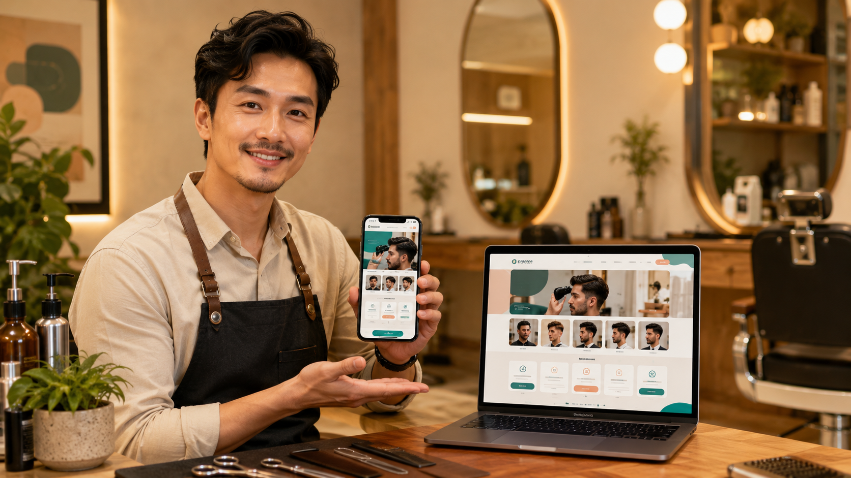 Thiết kế website tiệm tóc barber shop hiển thị trên laptop và điện thoại